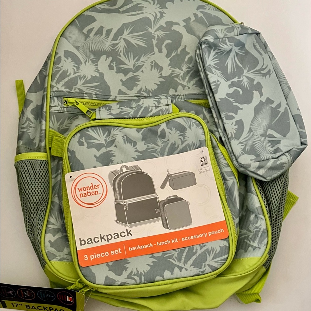 3-piece Wonder Nation Backpack, Lunch Kit, & Access Pouch, New w/ Tag, Dinosaur